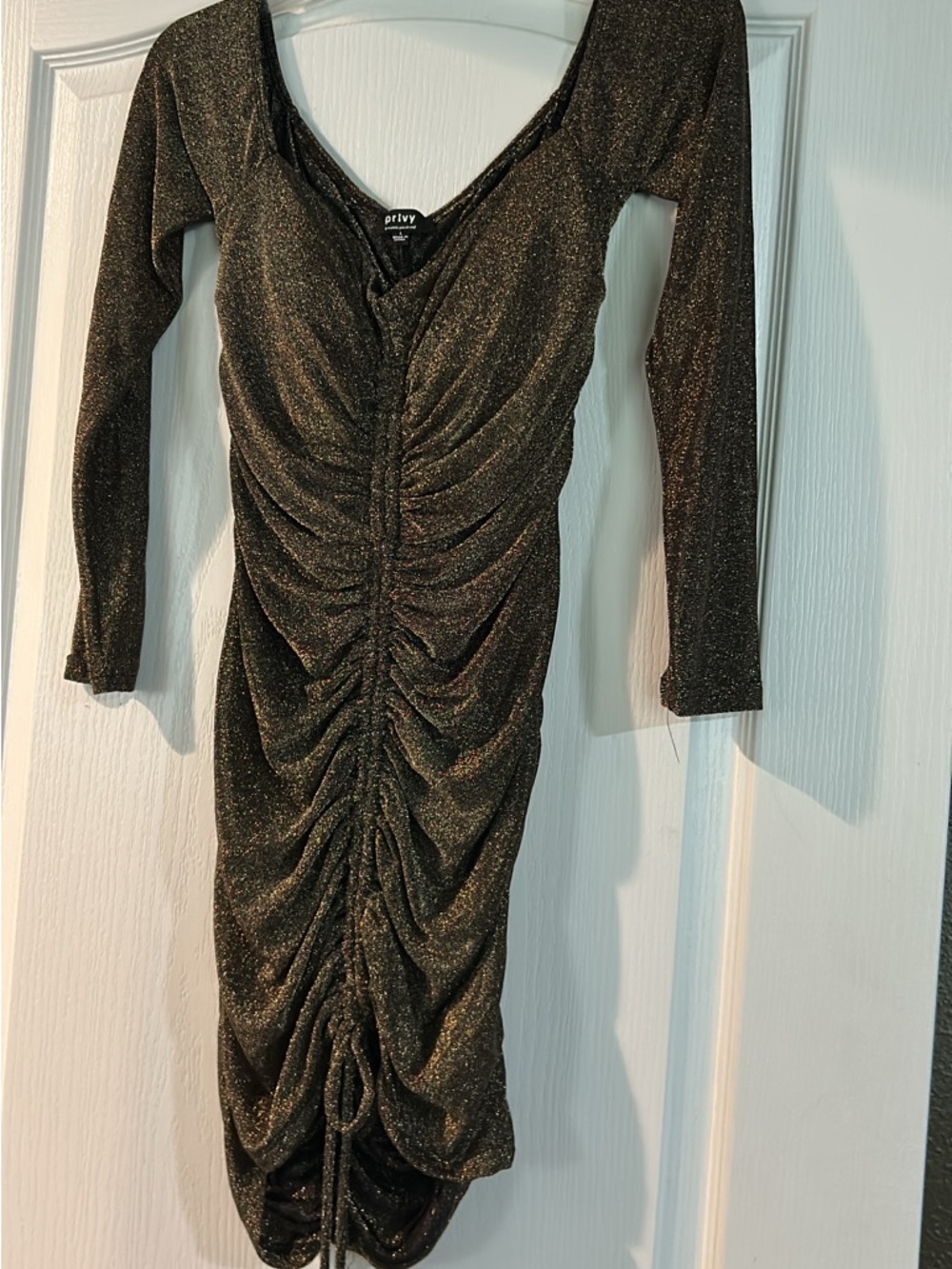Shimmery Black & Gold Ruched Long-Sleeve Party Dress